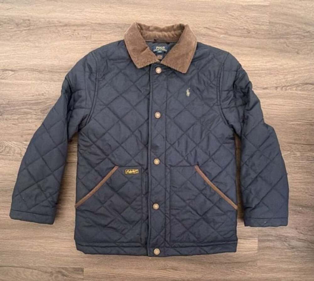 Polo Ralph Lauren Boys Navy Blue Quilted Barn Jacket with Corduroy Collar Size M